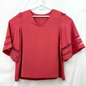 V-Neck 3/4 Billow Mesh Detail Sleeve Top Women 2XL Salmon Color